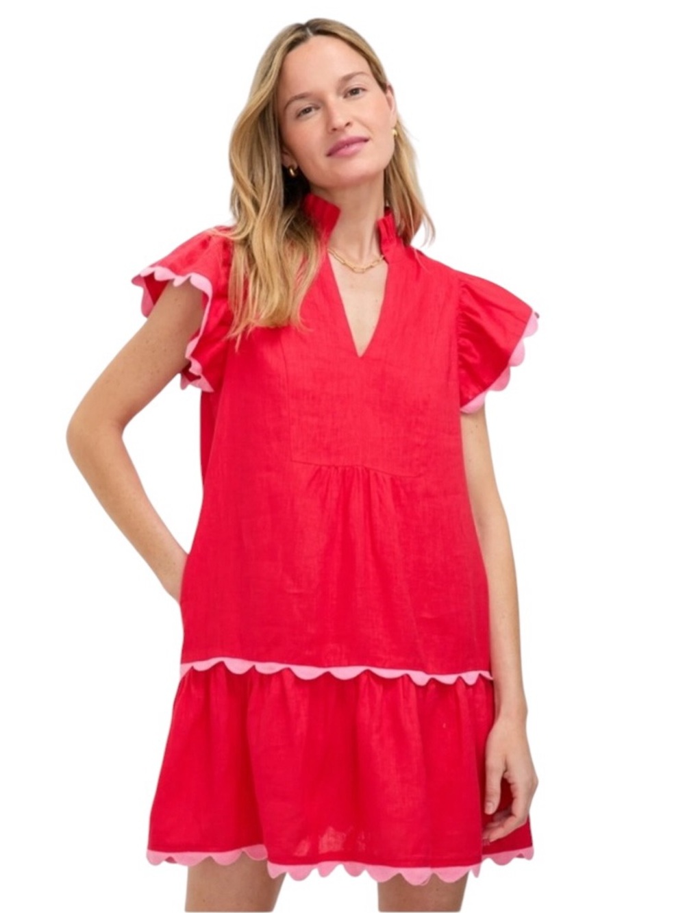 Tuckernuck Linen Blend Bella Flutter Sleeve Dress in Hibiscus Red